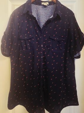 Navy Button-Front Shirt with Red Cherry Print